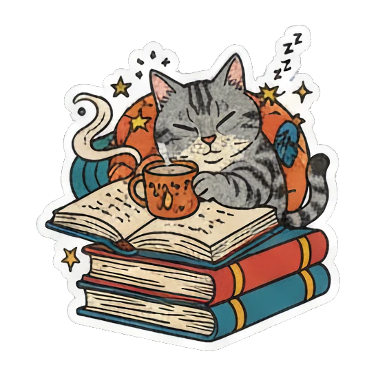 cat sleeping on stack of books Literary Tabby Adventures sticker for expressive chats and social replies.