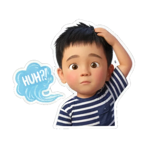 困惑男孩挠头问"HUH?". Little Boy's Expressive World sticker for expressive chats and social replies.