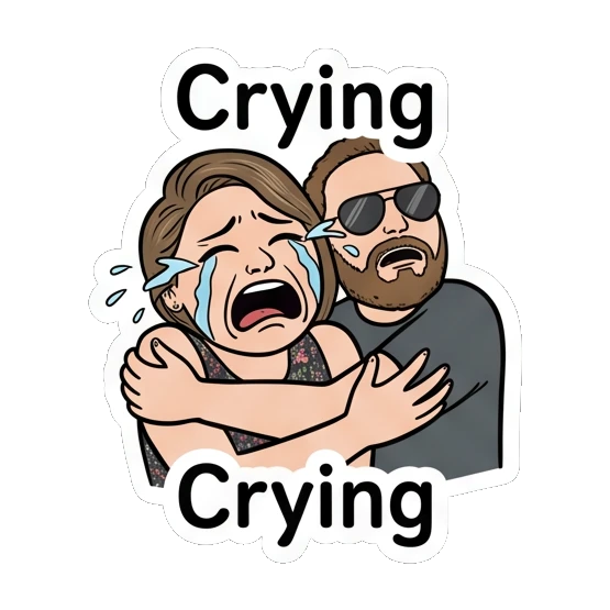 Woman crying loudly while man watches with text Crying Couple Vibes Daily sticker for expressive chats and social replies.
