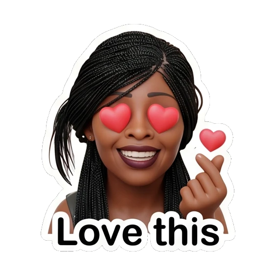 Woman with heart eyes and finger heart gesture, loving, text Love this Chic Afro-Textured Daily Expressions sticker for expressive chats and social replies.