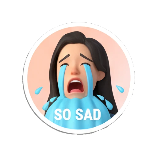 Young woman crying loudly with blue tears, text SO SAD My Daily 3D Avatar sticker for expressive chats and social replies.