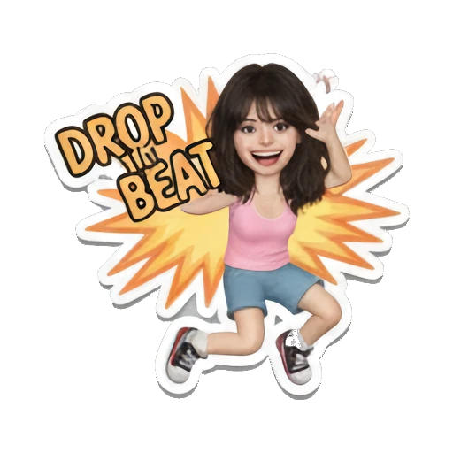 Girl jumping in the air, energetic, text 'DROP THE BEAT' Music Festival Girl sticker for expressive chats and social replies.