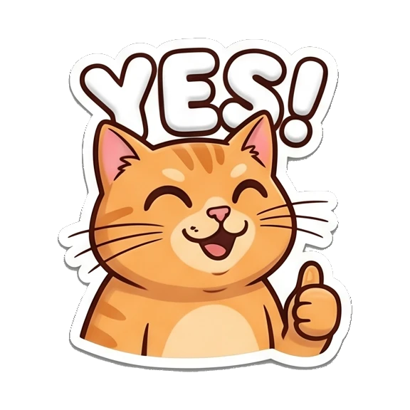 Happy orange cat giving a thumbs up, text YES Puffy Orange Cat Moods sticker for expressive chats and social replies.