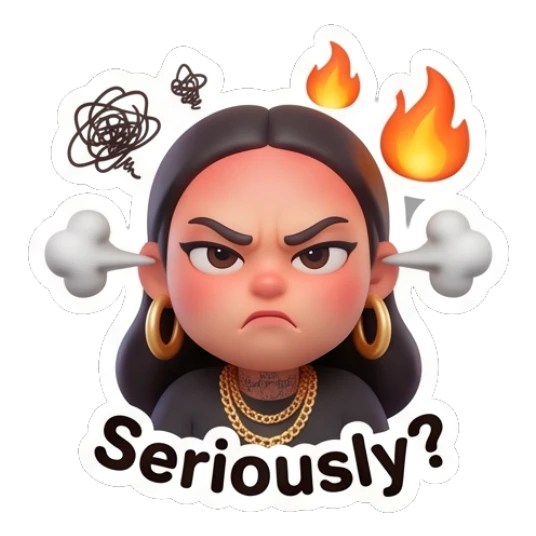 Angry girl with steam and fire, text Seriously. Chic Urban Girl Vibes sticker for expressive chats and social replies.