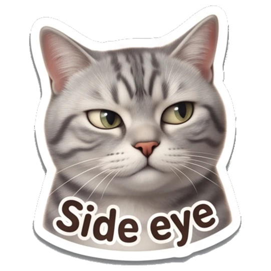 Skeptical tabby cat giving a side-eye look with 'Side eye' text Tabby Cat Daily Vibes sticker for expressive chats and social replies.