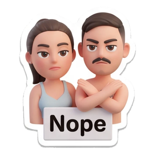Couple crossing arms with skeptical look with text Nope Our Daily Vibes sticker for expressive chats and social replies.