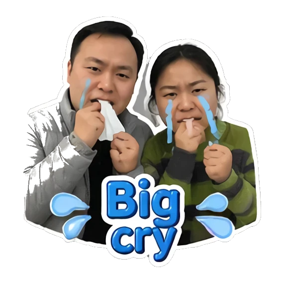 Couple crying with 'Big cry' text Couple Daily Vibes sticker for expressive chats and social replies.