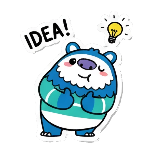 Monster with idea, 'IDEA!' Fluffy Monster Moods sticker for expressive chats and social replies.