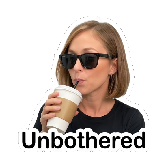 Woman wearing sunglasses drinking coffee with 'Unbothered' text Everyday Vibes with Sarah sticker for expressive chats and social replies.