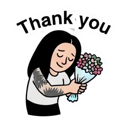 Grateful girl holding a bouquet of flowers saying Thank you. Cool Girl Daily Vibes sticker for expressive chats and social replies.