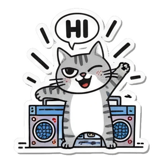 cat waving hi by a radio Playful Tabby Cat Daily sticker for expressive chats and social replies.
