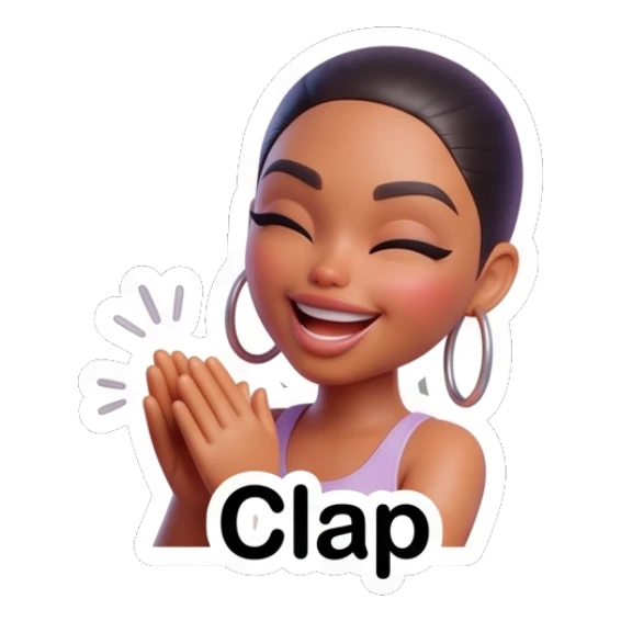 Cheerful girl clapping hands, text says Clap. Modern Chic Girl Expressions sticker for expressive chats and social replies.
