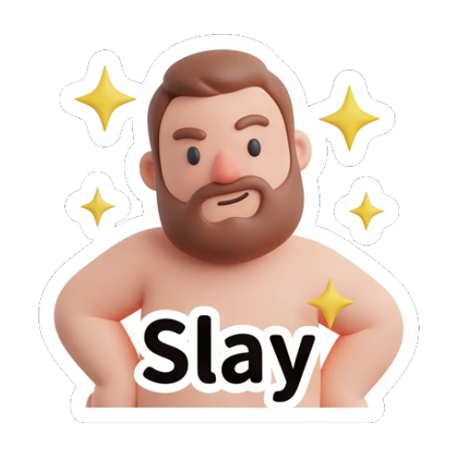 Bearded man looking fabulous with sparkling stars saying Slay. Bearded Buddy Expressions sticker for expressive chats and social replies.