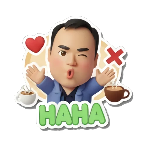 职场男士大笑并眨眼，周围有咖啡元素，文字HAHA Office Guy Daily Vibes sticker for expressive chats and social replies.