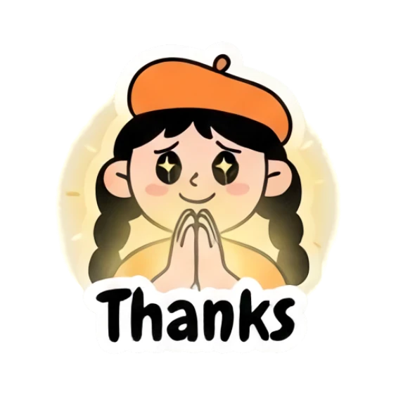 Girl with sparkling eyes praying, Thanks text Beret Girl Daily Vibes sticker for expressive chats and social replies.
