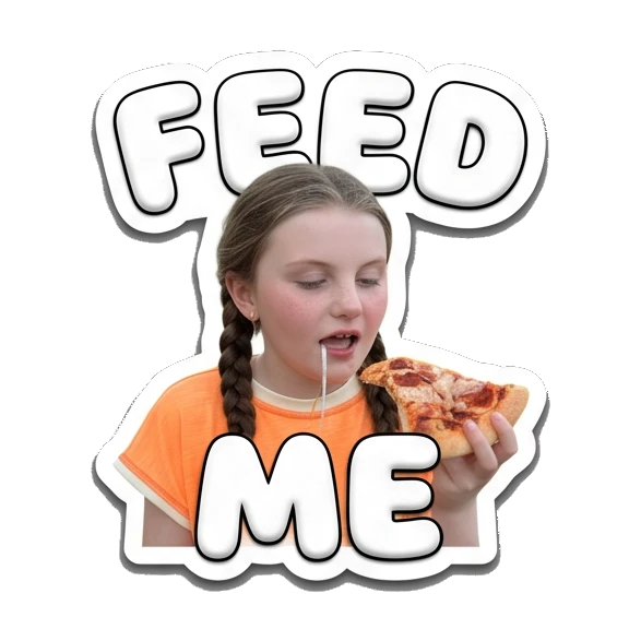 Girl eating a slice of pizza with text FEED ME Cheerful Girl Daily Life sticker for expressive chats and social replies.