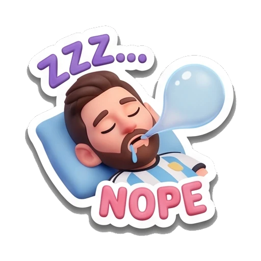 Messi character sleeping with a snot bubble, text 'ZZZ... NOPE' Messimotes: Pure Emotion sticker for expressive chats and social replies.