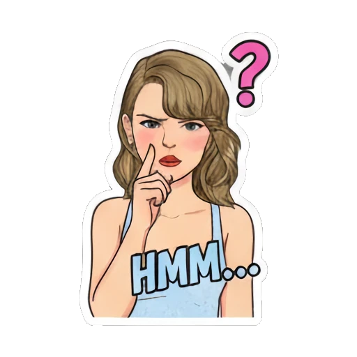 Pop star thinking with finger on chin and 'HMM...' text Pop Star Daily Vibes sticker for expressive chats and social replies.