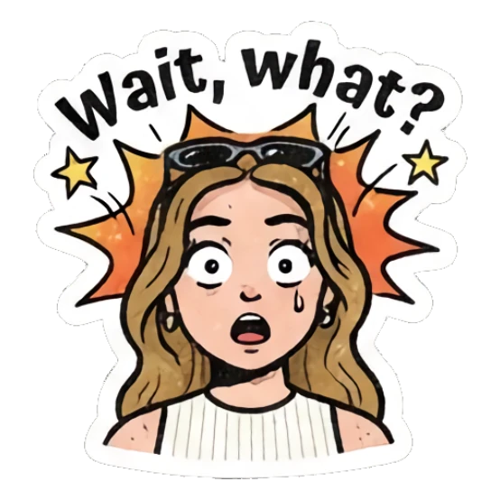 Girl looking shocked with wide eyes, text 'Wait, what?' Retro Comic Girl Expressions sticker for expressive chats and social replies.