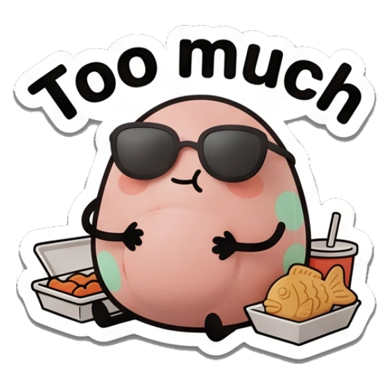 Full egg sitting with food boxes and text Too much Little Egg Buddies sticker for expressive chats and social replies.
