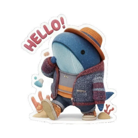 Blue whale waving hello, friendly expression, text 'HELLO!' Ocean Buddy Adventures sticker for expressive chats and social replies.