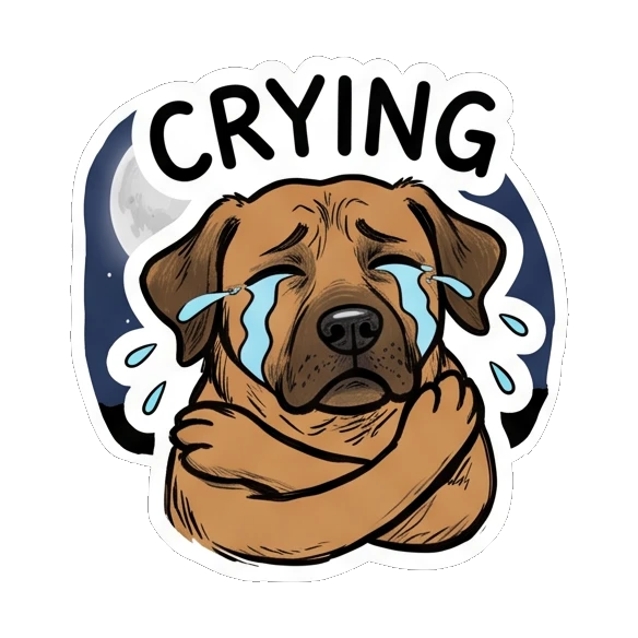 Brown dog crying with blue tears and crossed arms. Brown Dog Daily Moods sticker for expressive chats and social replies.