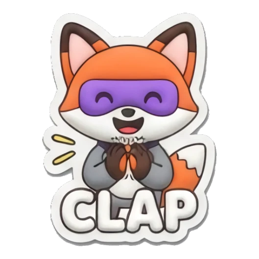 Excited fox clapping hands. Hero Fox Puff sticker for expressive chats and social replies.