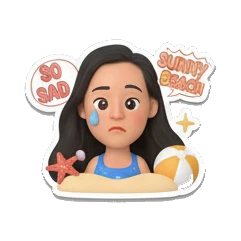 Girl crying with beach ball, text SO SAD Summer Beach Girl Vibes sticker for expressive chats and social replies.