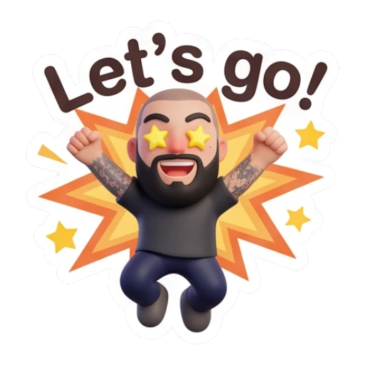 Bearded man jumping with star eyes, text Let's go Bearded Guy Daily Moods sticker for expressive chats and social replies.