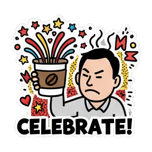 Man celebrating with coffee, text CELEBRATE! Cheerful Office Guy sticker for expressive chats and social replies.