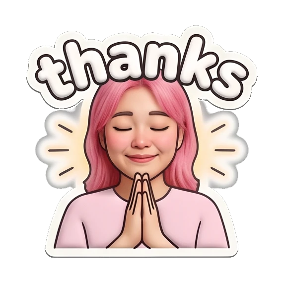 Grateful girl with hands pressed together saying thanks. Pink Hair Girl Daily Vibes sticker for expressive chats and social replies.