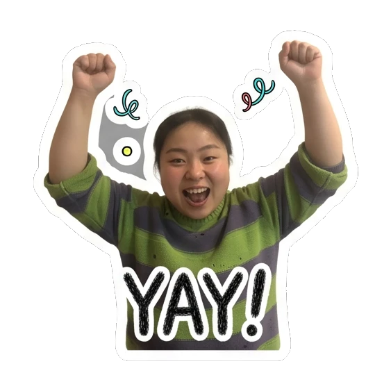 Young woman cheering with arms up and 'YAY!' text Cheerful Daily Expressions sticker for expressive chats and social replies.
