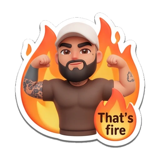 Man flexing muscles surrounded by flames, text 'That's fire' Gym Bro Daily Life sticker for expressive chats and social replies.