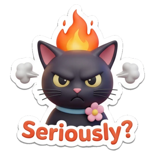 Angry black cat with fire on head, text Seriously. Playful Black Cat Daily sticker for expressive chats and social replies.