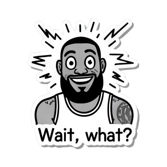 Basketball player looking surprised with wide eyes, text Wait, what? King James Pop Art Vibes sticker for expressive chats and social replies.