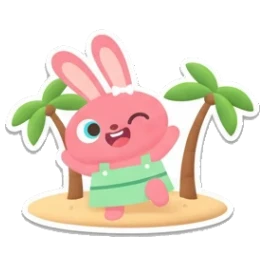 Pink bunny dancing between two palm trees. Pink Bunny Beach Day sticker for expressive chats and social replies.