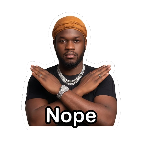 Man in durag crossing arms in X shape, rejecting, text Nope Daily Vibes with Durag Guy sticker for expressive chats and social replies.
