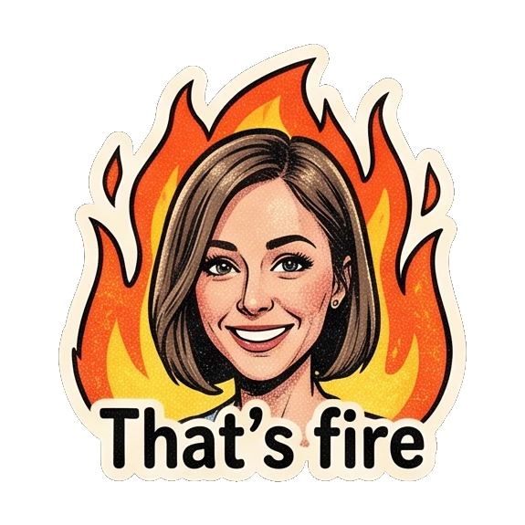 Young woman smiling in front of flames with 'That's fire' text Retro Comic Girl Expressions sticker for expressive chats and social replies.