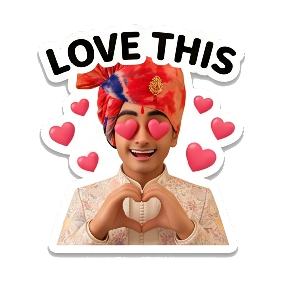 Young Indian boy making a heart shape with hands and heart eyes. Indian Prince Expressions sticker for expressive chats and social replies.