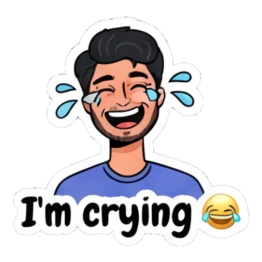 Laughing young man with tears of joy and text I'm crying Daily Life of a Cool Guy sticker for expressive chats and social replies.