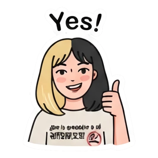 双色发女孩竖起大拇指赞同，文字Yes Two-Tone Girl Daily Vibes sticker for expressive chats and social replies.
