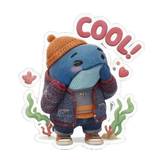 Blue whale looking cool, relaxed expression, text 'COOL!' Ocean Buddy Adventures sticker for expressive chats and social replies.