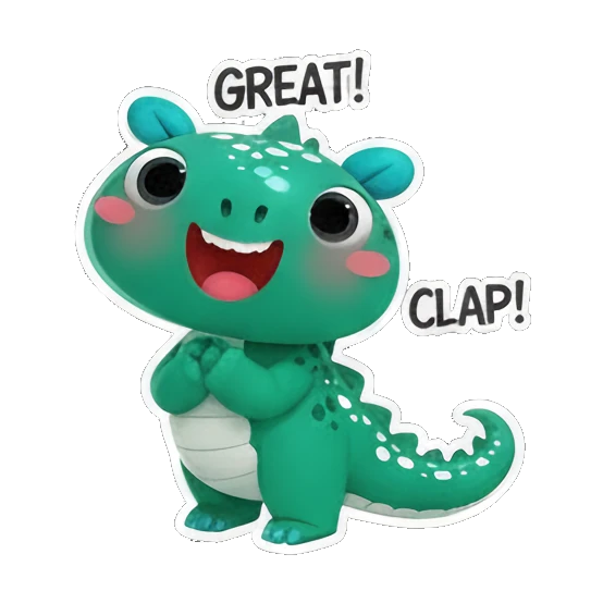 Dino clapping hands with GREAT and CLAP text Cheerful Green Dino Adventures sticker for expressive chats and social replies.