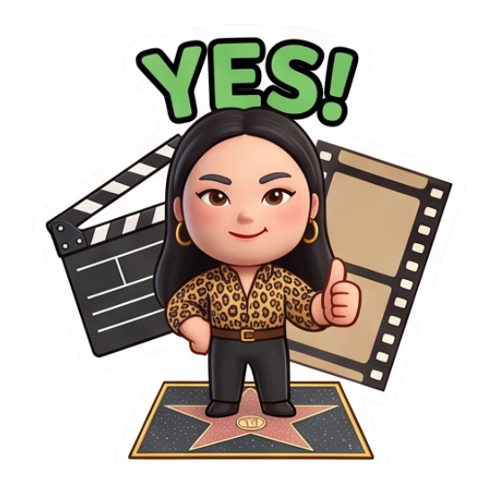 Girl giving thumbs up on Hollywood star, clapperboard, text Yes Cinema Diva Daily Life sticker for expressive chats and social replies.