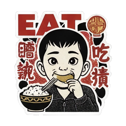少年大口吃饭EAT Vintage Ink Boy Expressions sticker for expressive chats and social replies.