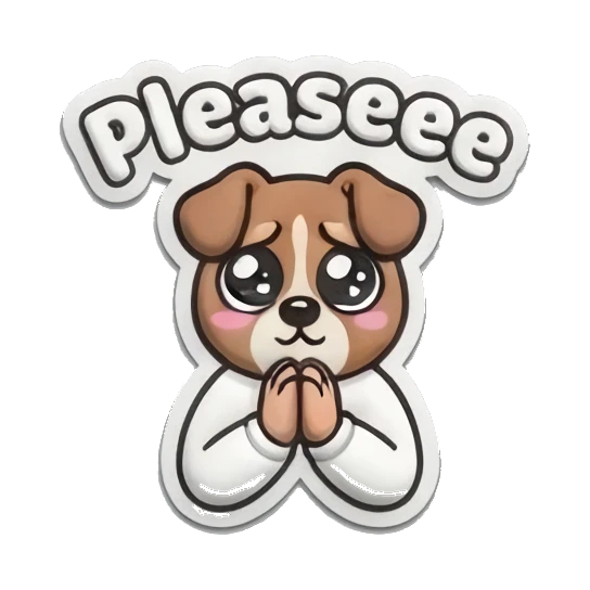 Man with puppy-dog eyes in prayer pose and 'Pleaseee' text Curly Hair Guy Daily Vibes sticker for expressive chats and social replies.