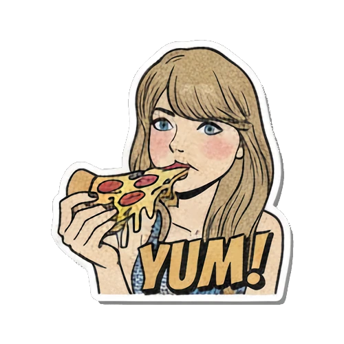 Blonde woman eating a slice of pizza with YUM! text Retro Pop Diva Vibes sticker for expressive chats and social replies.