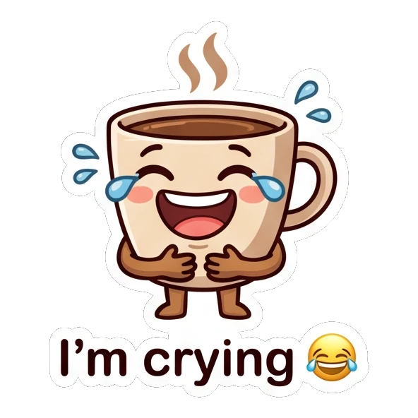 Laughing coffee cup with tears of joy. Cheerful Coffee Cup Pals sticker for expressive chats and social replies.