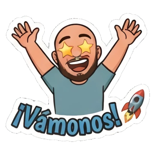 Bald man excited with star eyes, text Vámonos Bald Guy Daily Vibes sticker for expressive chats and social replies.