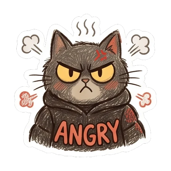 Angry cat with steam vents and text ANGRY. Furry Doodle Cat Daily sticker for expressive chats and social replies.